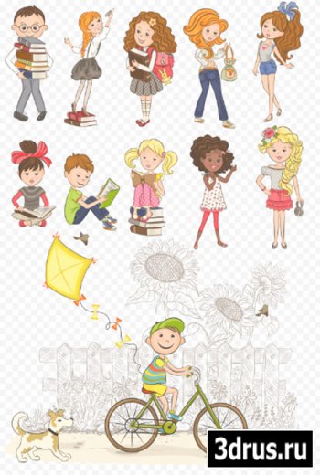 Клипарт - Рисованные детские персонажи с книжками PSD прозрачный фон