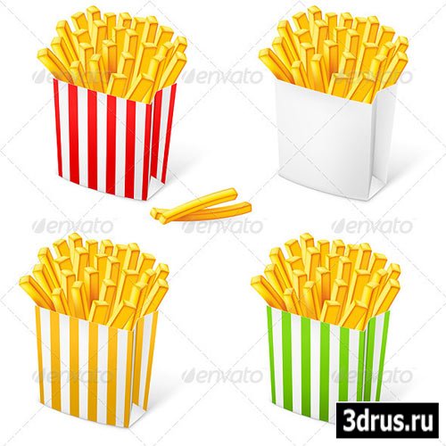 French fries in a multi-colored striped packaging